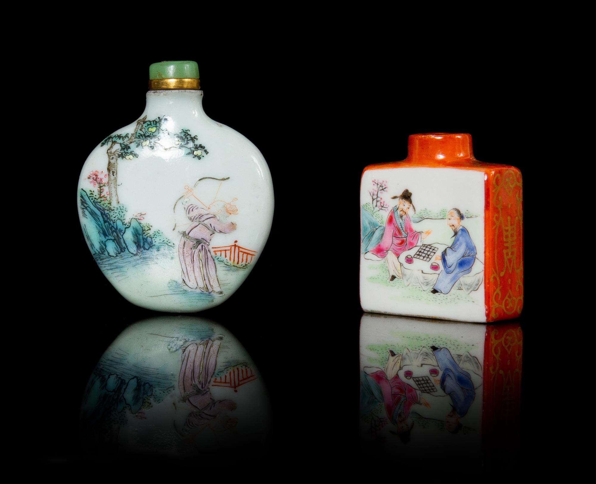 Two Chinese Famille Rose Porcelain Snuff Bottles Height of taller 2 1/4 inches. — 19TH-EARLY 20TH CENTURY