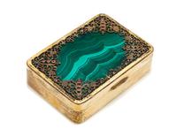 An Italian Malachite and Ruby Inset Silver-Gilt Snuff Box, Maker's Mark Obscured, Early 20th Century, the lid with an inset malachite p