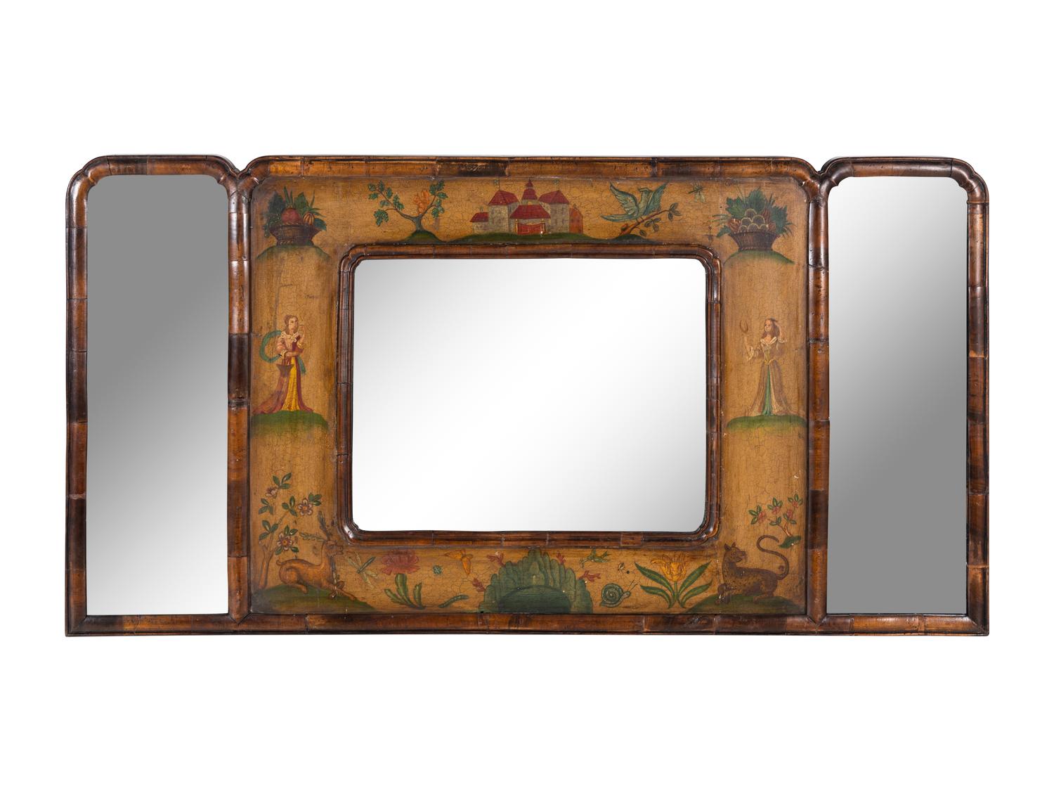 An English Painted Panel Inset Walnut Overmantel Mirror