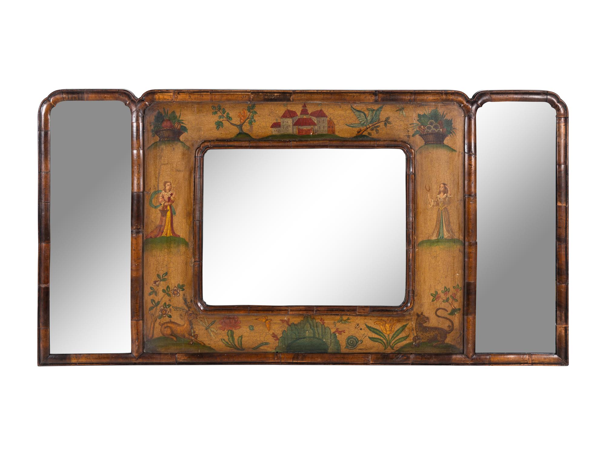 An English Painted Panel Inset Walnut Overmantel Mirror