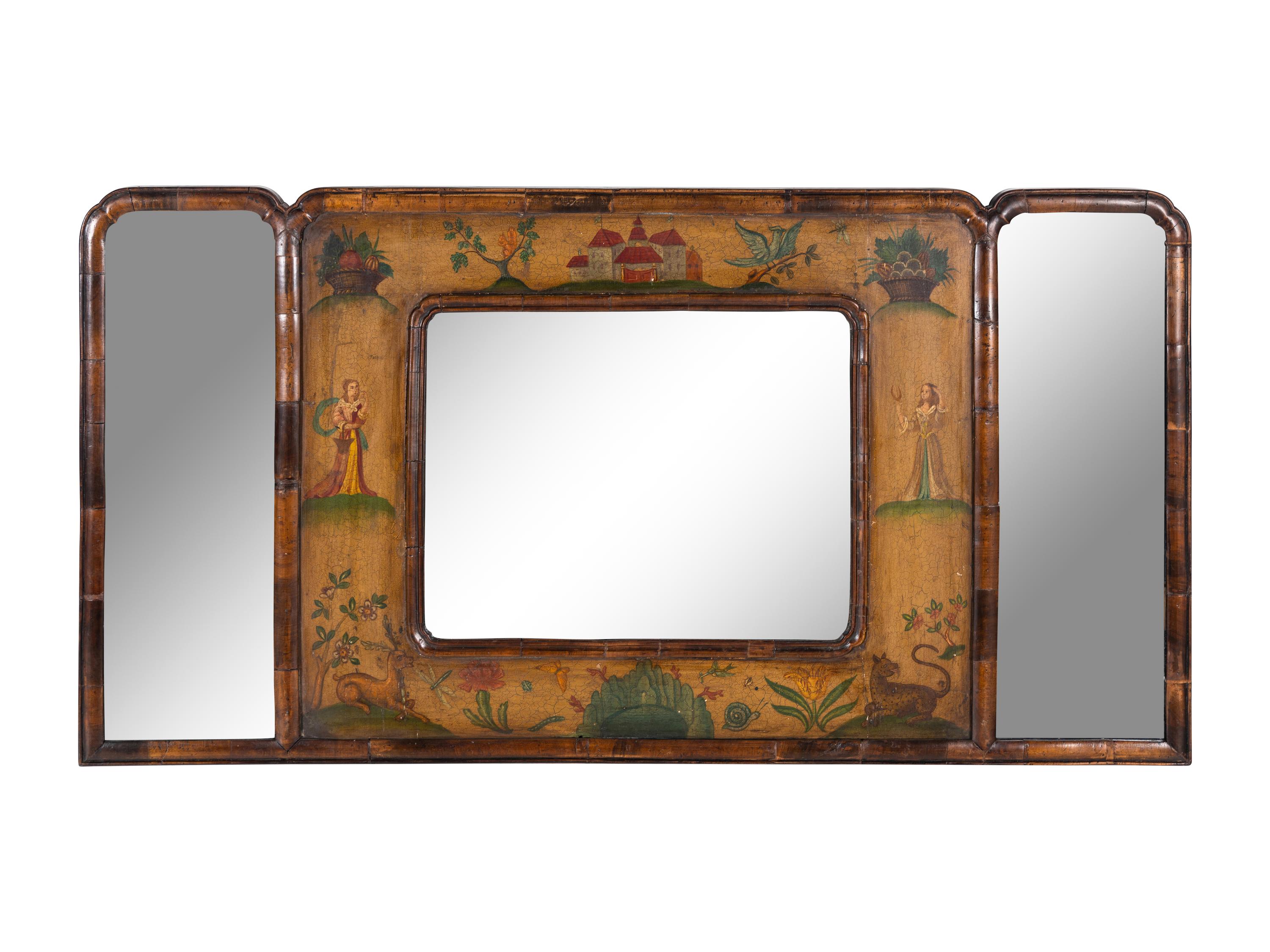 An English Painted Panel Inset Walnut Overmantel Mirror