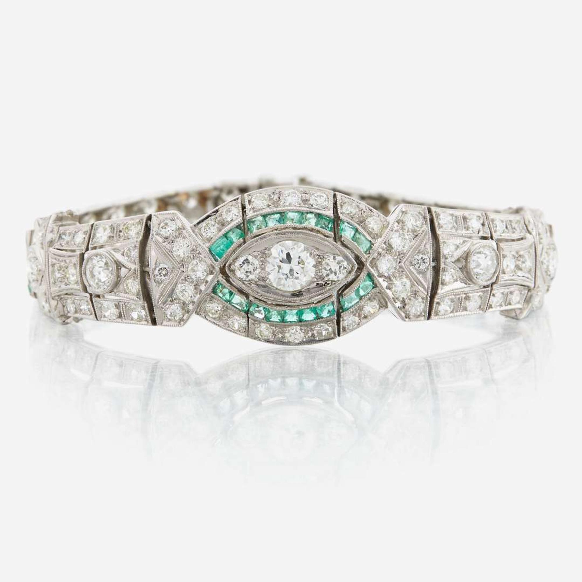 An Art Deco emerald, diamond, and platinum bracelet