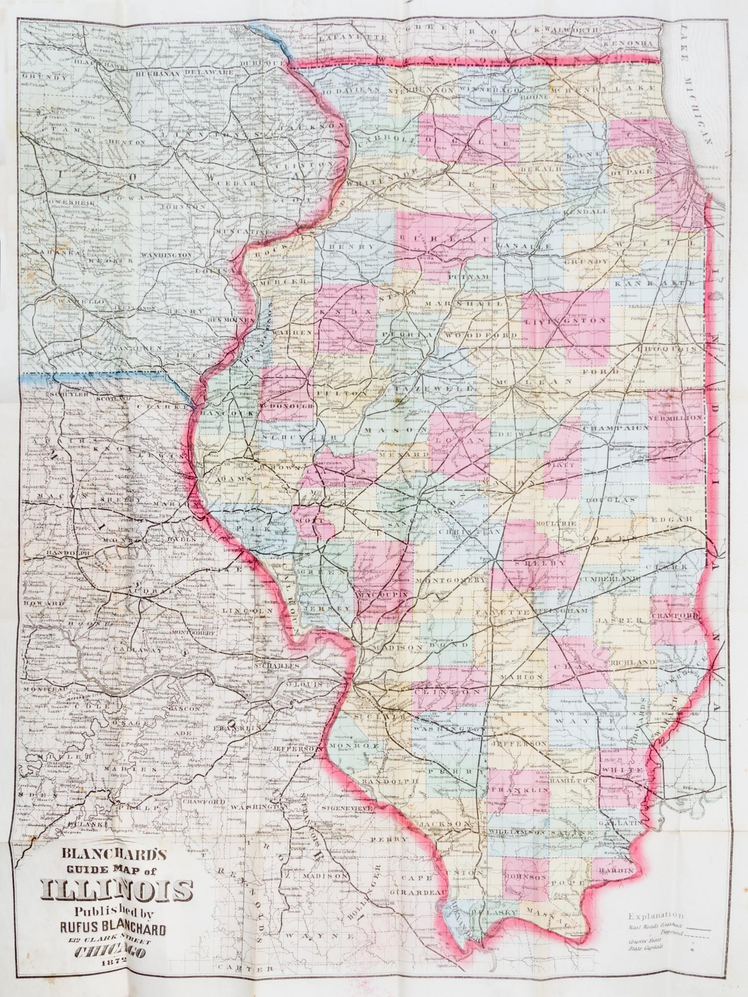 (MAP, ILLINOIS) BLANCHARD, RUFUS. Blanchard's Guide Map of Illinois. Chicago, 1872