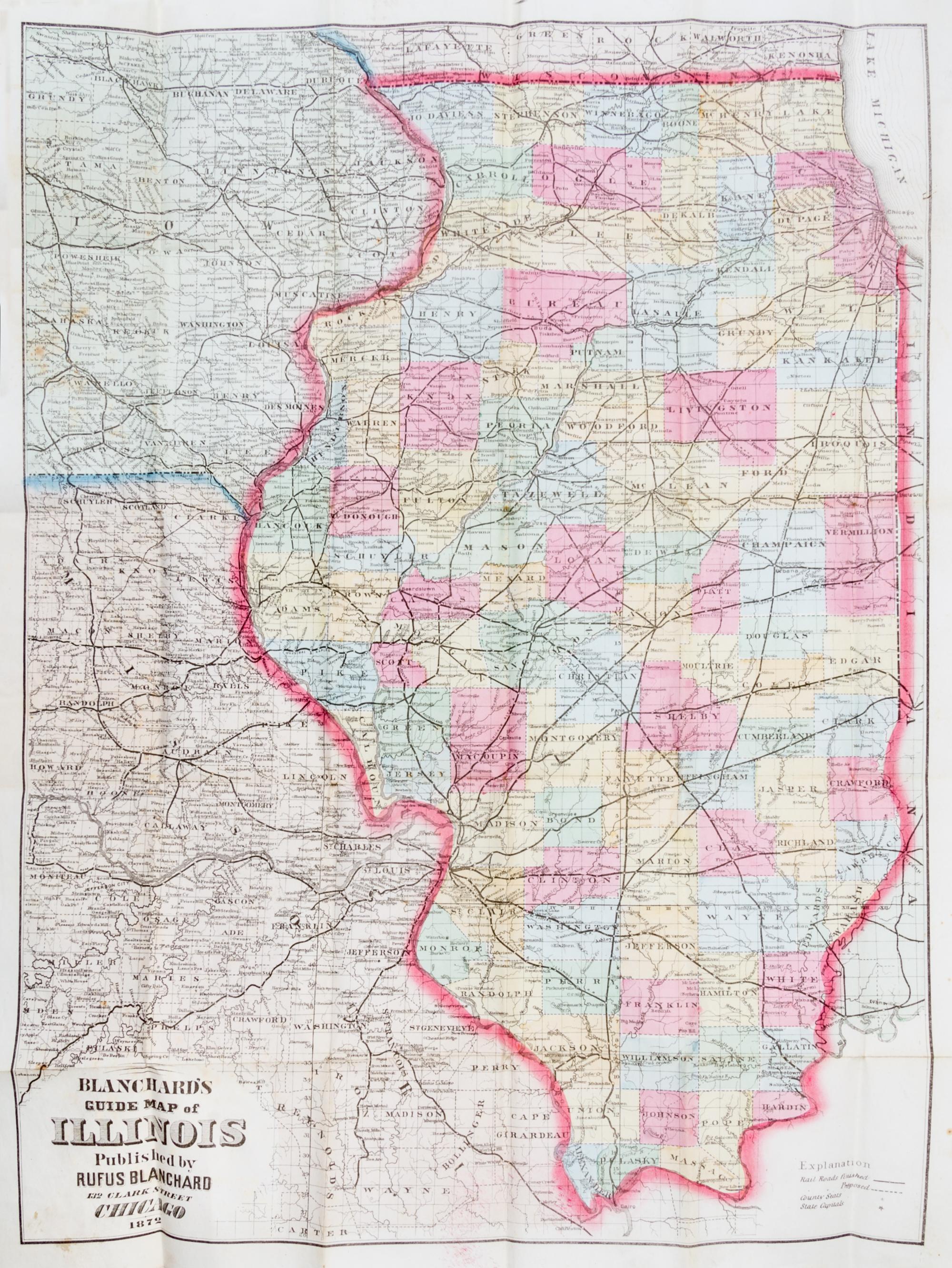 (MAP, ILLINOIS) BLANCHARD, RUFUS. Blanchard's Guide Map of Illinois. Chicago, 1872