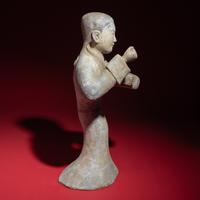 A Large Chinese Painted Pottery Lady with Drum, Han Dynasty — 漢 大型灰陶彩繪女鼓手