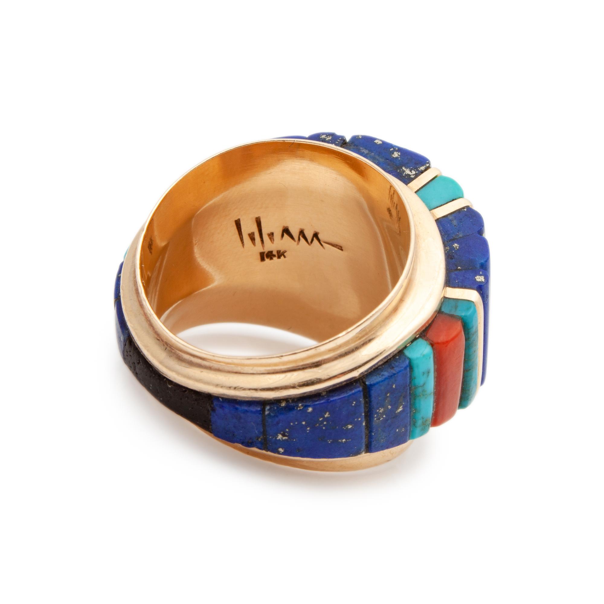 14k Gold with Turquoise, Lapis, and Coral Cobblestone Inlay Ring Lot is located and will ship from Denver, Colorado