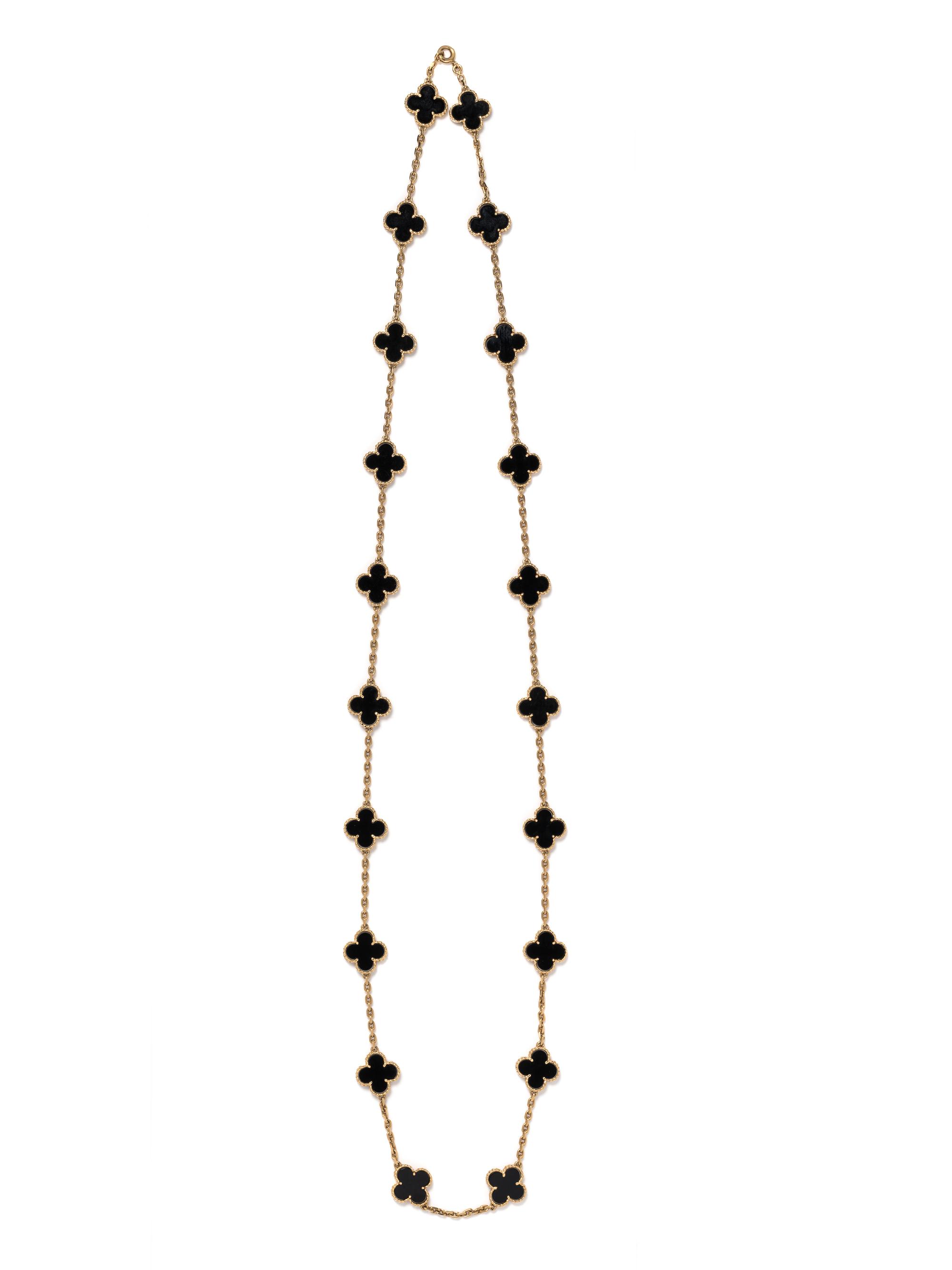VAN CLEEF & ARPELS, YELLOW GOLD AND ONYX 'ALHAMBRA' NECKLACE