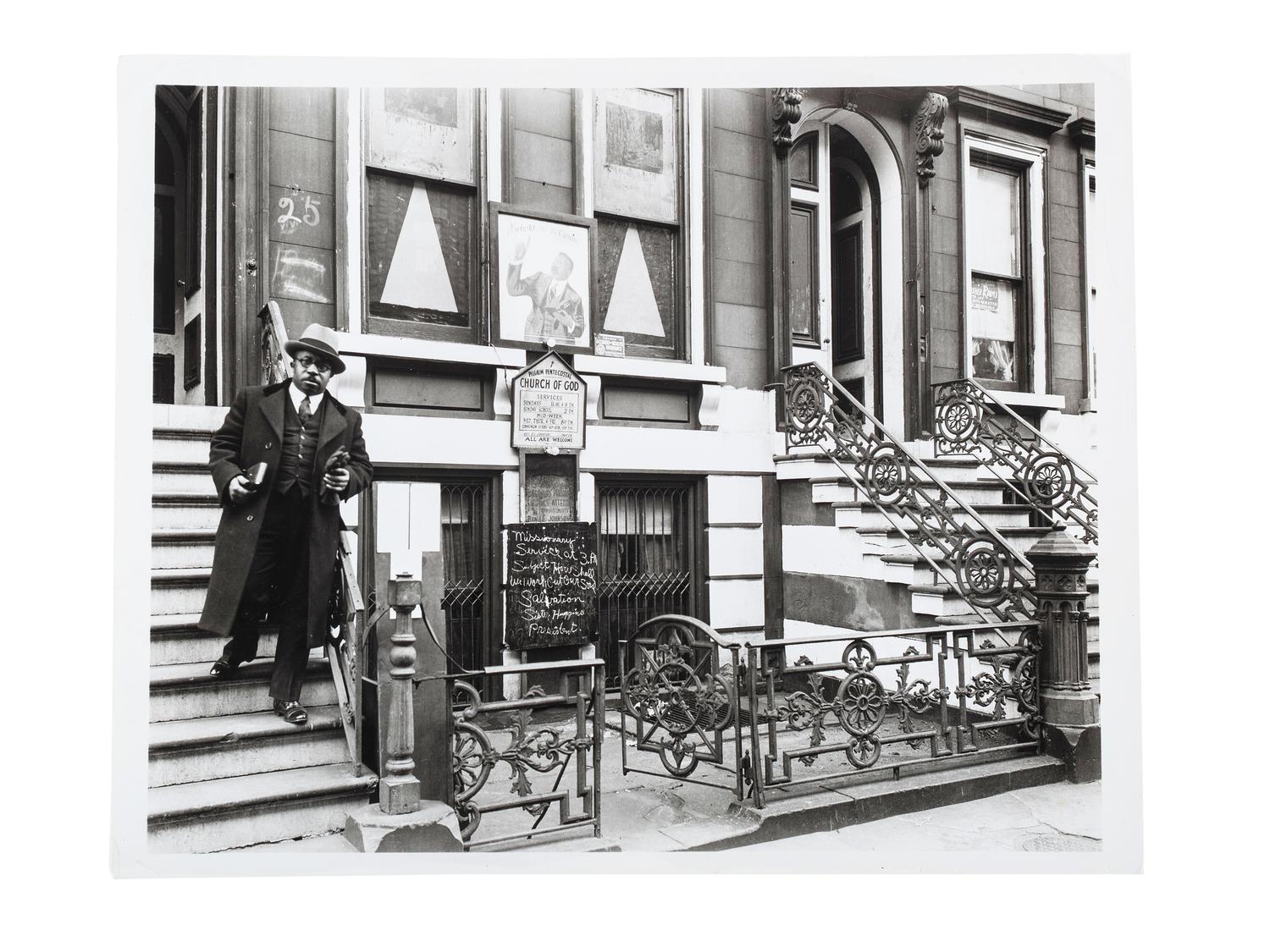 ABBOTT, Berenice (1898-1991), photographer. Church of God, 25 East 132nd Street, December 8, 1936 . Printed later by Museum of the City of New York, ca 1970s.