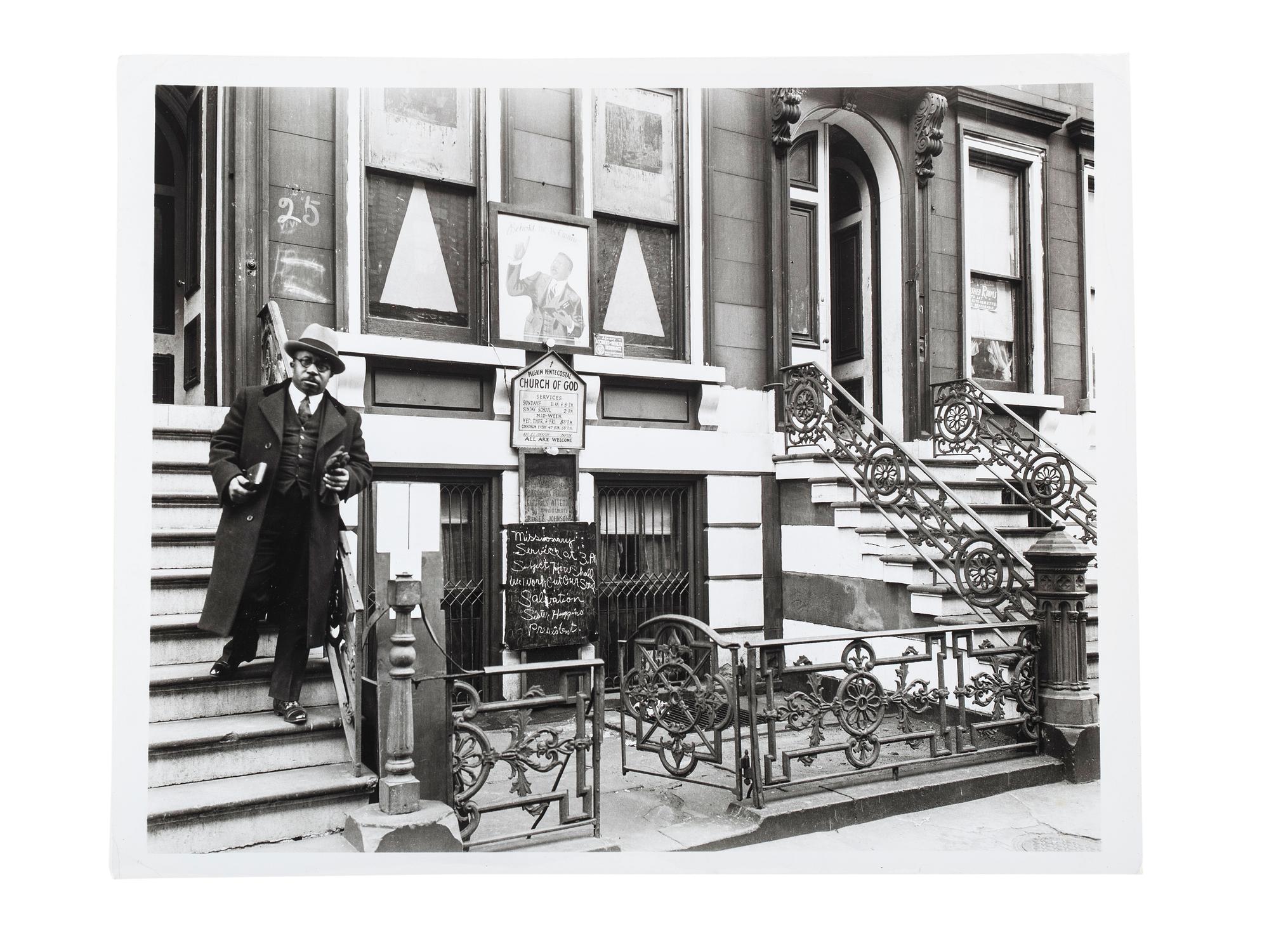 ABBOTT, Berenice (1898-1991), photographer. Church of God, 25 East 132nd Street, December 8, 1936 . Printed later by Museum of the City of New York, ca 1970s.
