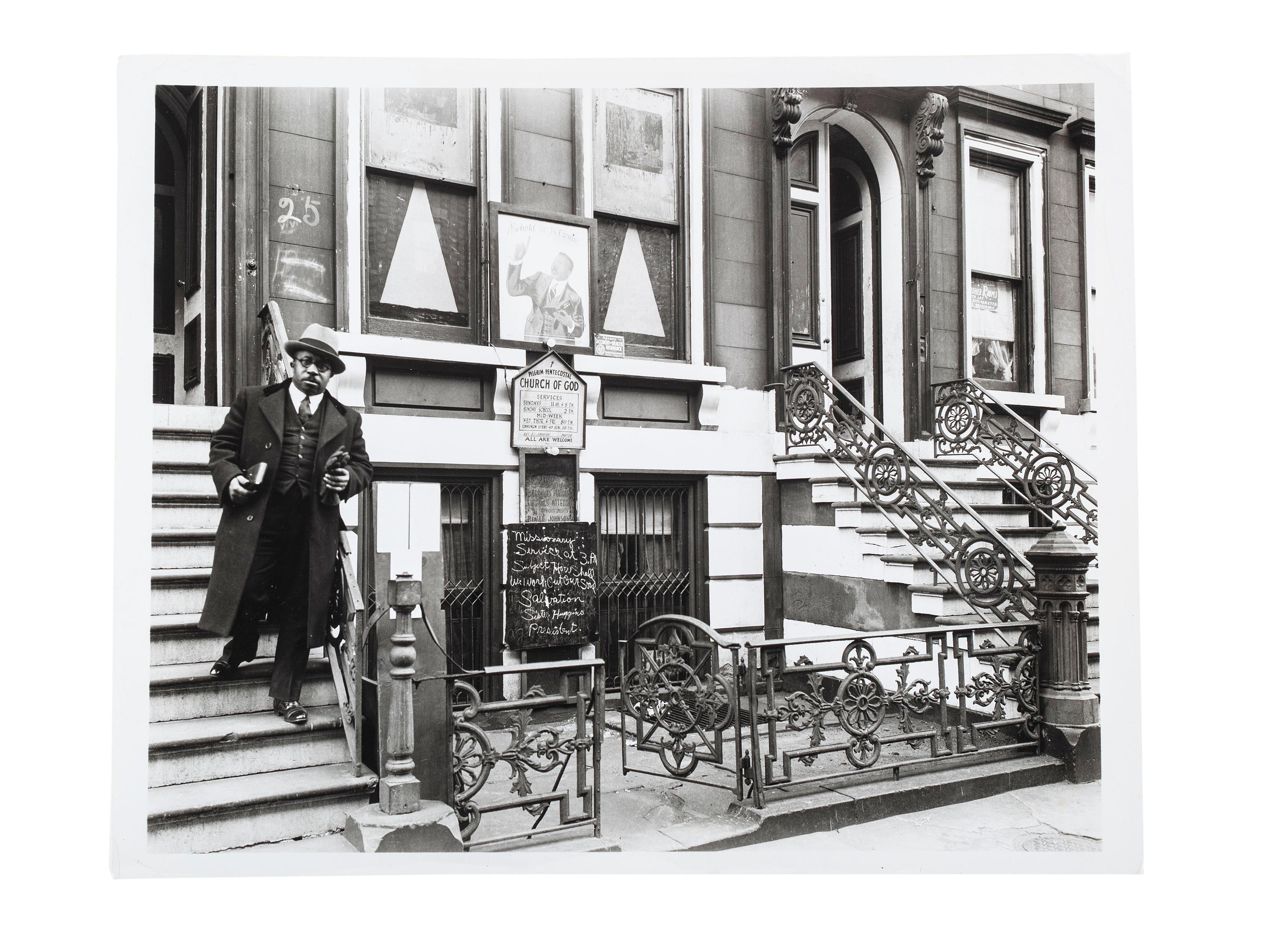 ABBOTT, Berenice (1898-1991), photographer. Church of God, 25 East 132nd Street, December 8, 1936 . Printed later by Museum of the City of New York, ca 1970s.