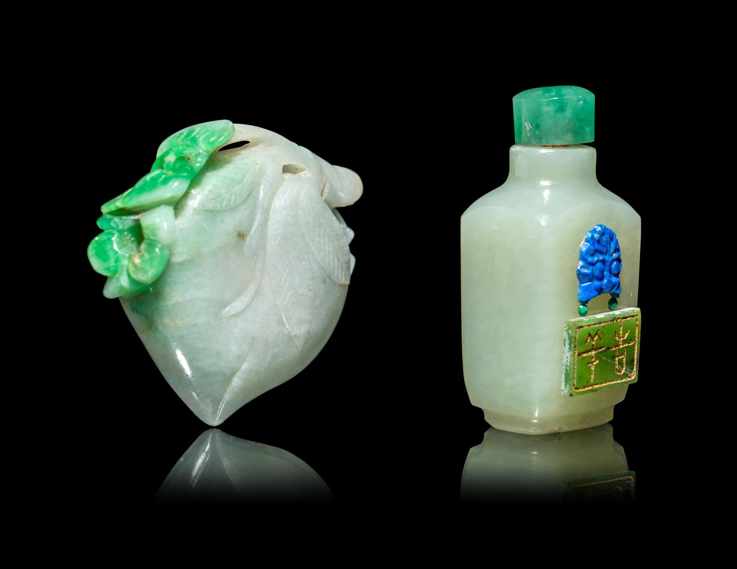 Two Chinese Jade and Jadeite Snuff Bottles