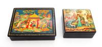 Two Mstera Russian Lacquer Boxes Height of first 5 5/8 x width 6 7/8 inches.