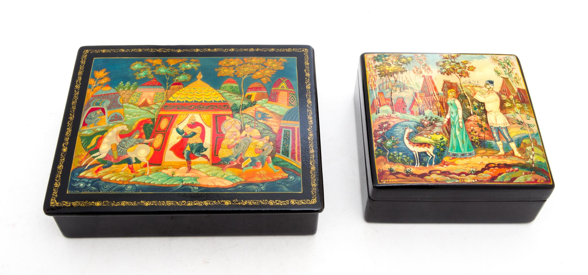 Two Mstera Russian Lacquer Boxes Height of first 5 5/8 x width 6 7/8 inches.