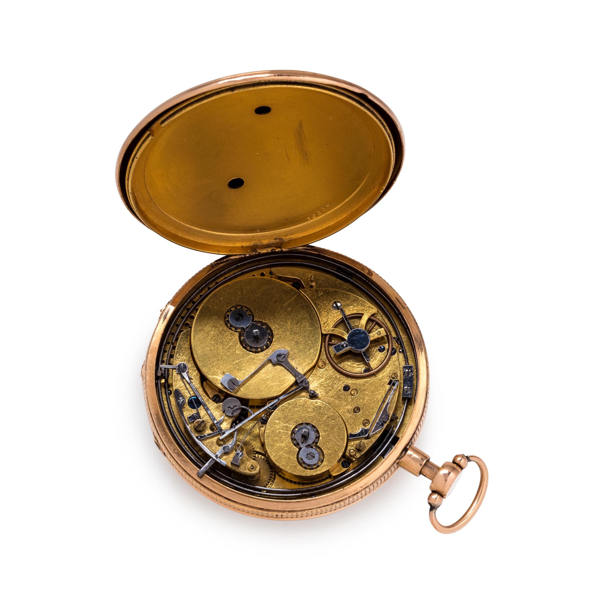 GILT-METAL MUSICAL QUARTER REPEATER OPEN FACE POCKET WATCH