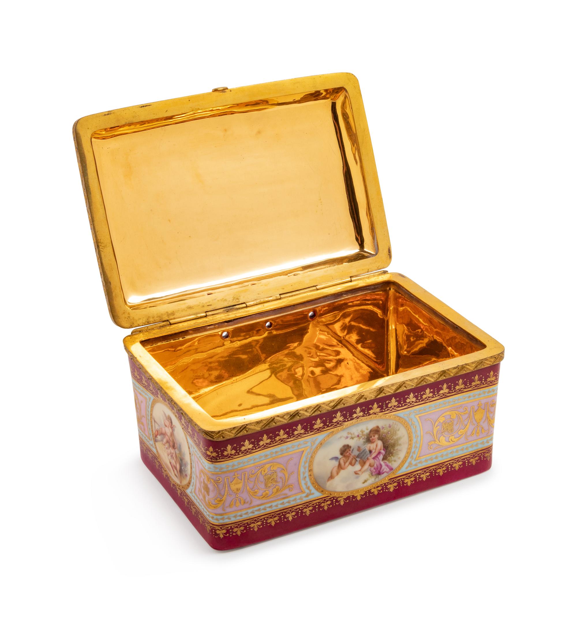 A Vienna Gilt Metal Mounted, Painted and Parcel Gilt Porcelain Table Casket