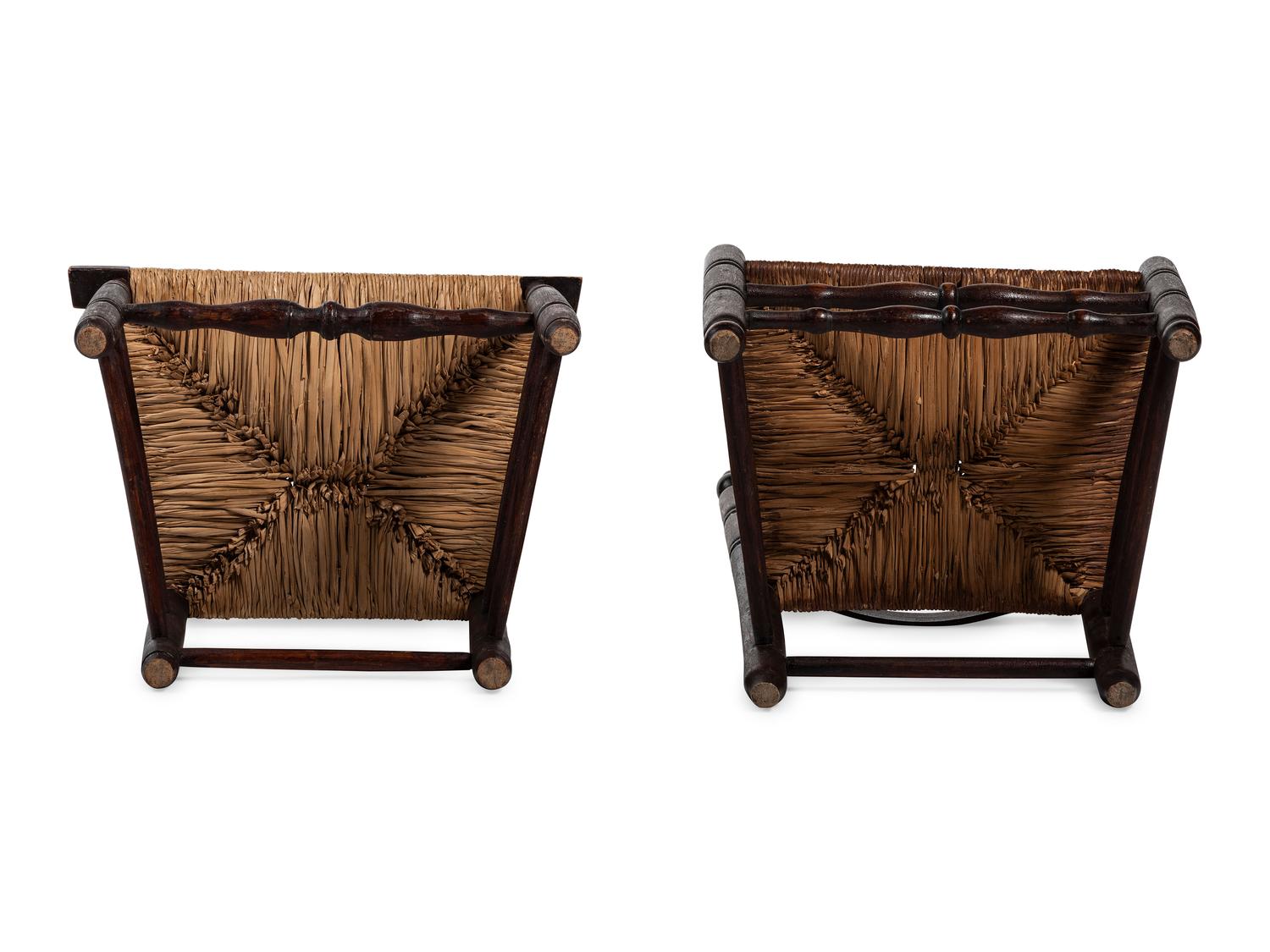 Two Turned and Brown Painted Rush-Seat Side Chairs