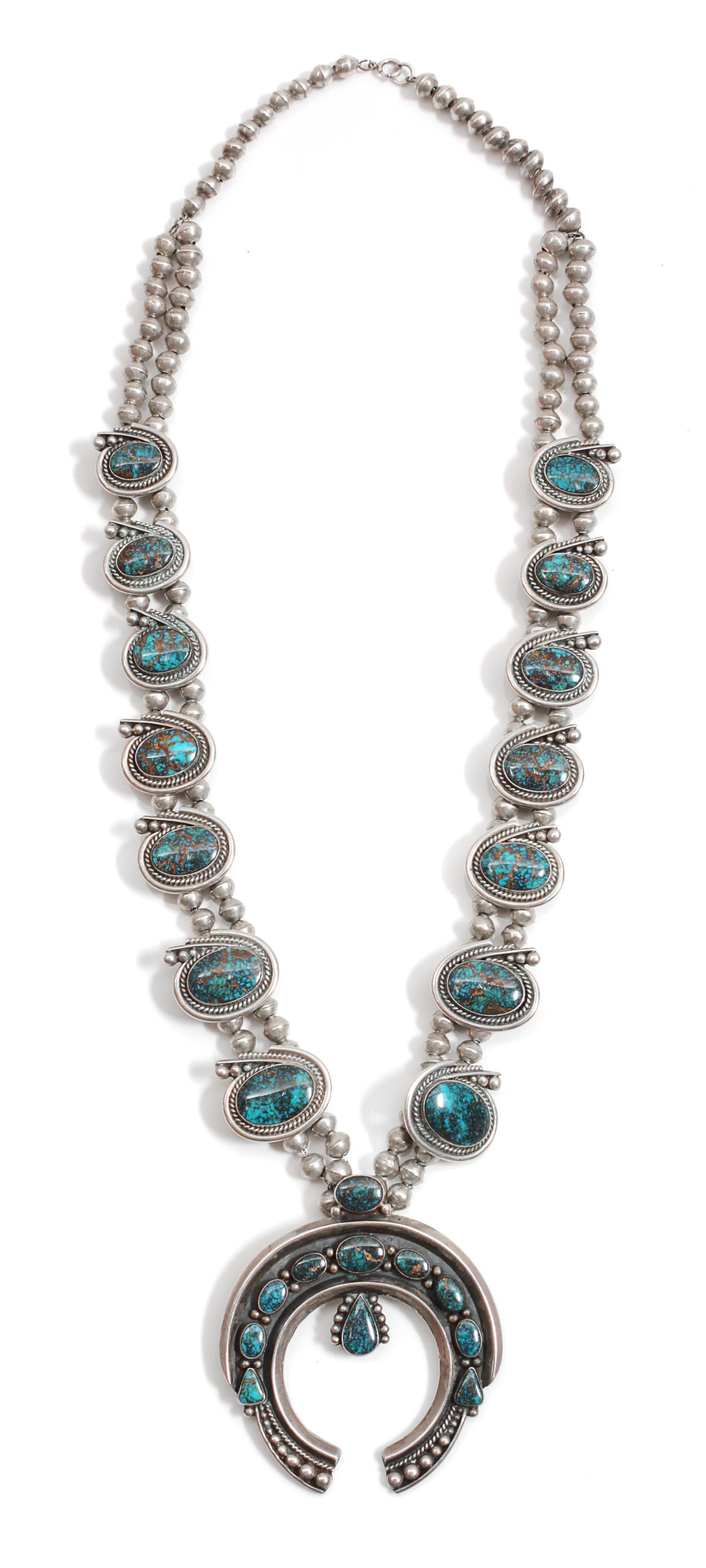 Southwestern Silver and Turquoise Squash Blossom Length 25 inches