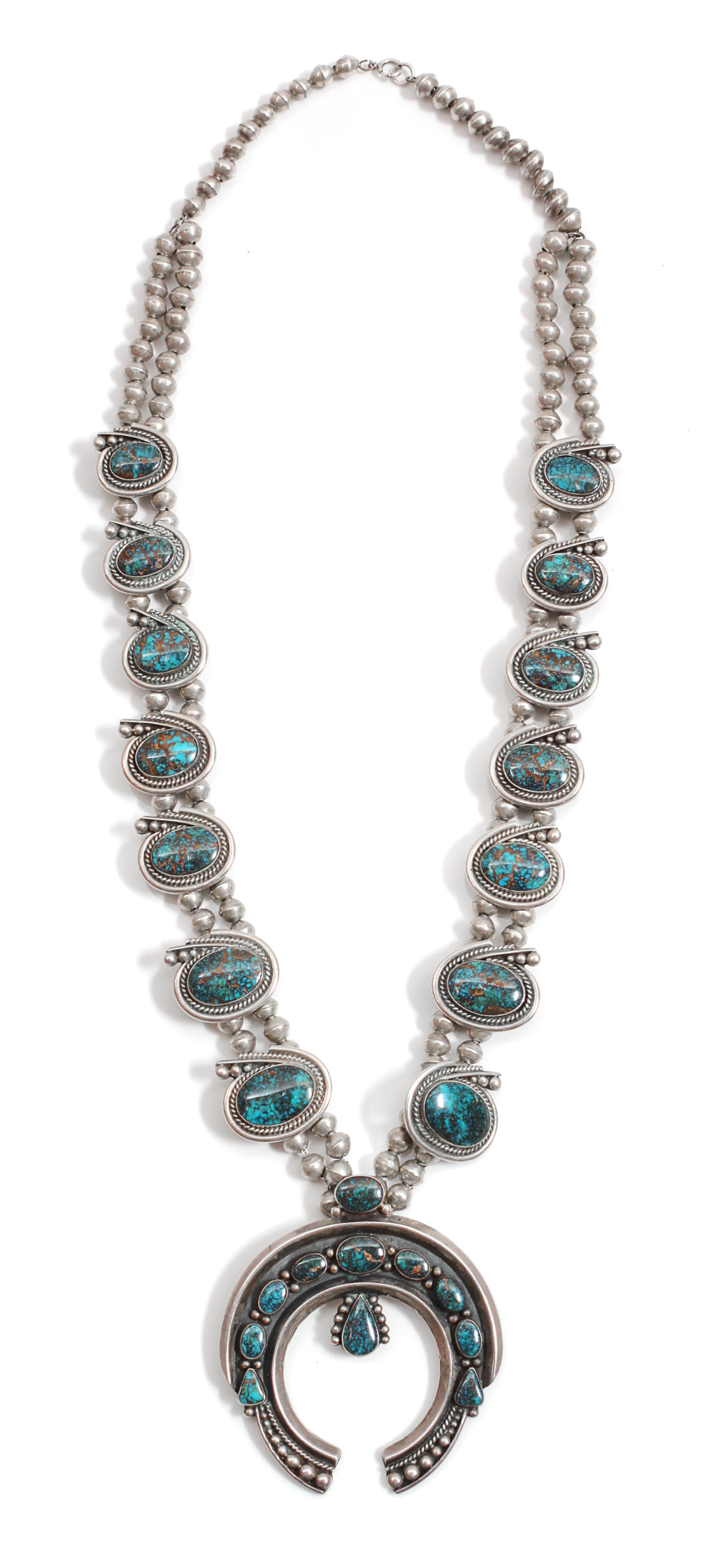 Southwestern Silver and Turquoise Squash Blossom Length 25 inches