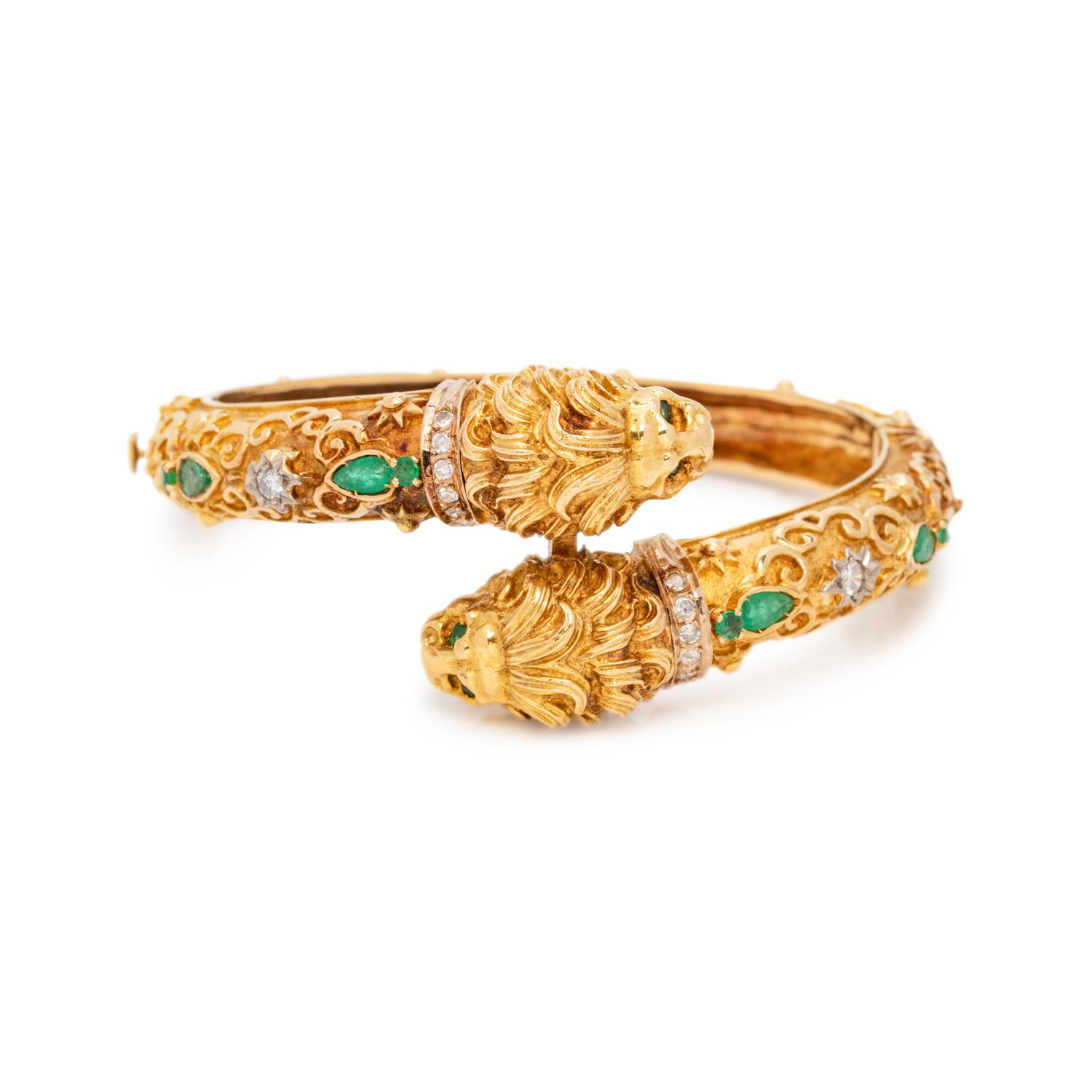 YELLOW GOLD, EMERALD AND DIAMOND LION BANGLE BRACELET