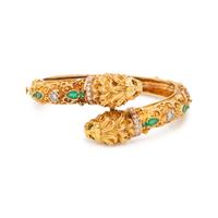 YELLOW GOLD, EMERALD AND DIAMOND LION BANGLE BRACELET