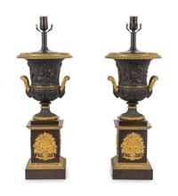 A Pair of Louis Phillippe Parcel-Gilt and Patinated Bronze Urns Mounted as Lamps