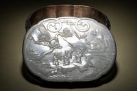 A White Jade Mounted Lacquered Silvered Metal Box and Cover