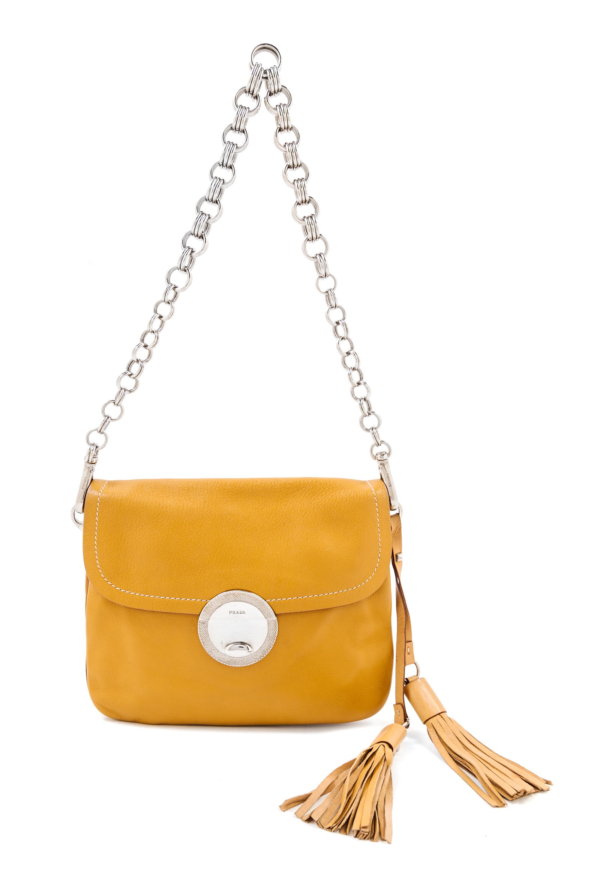 A Prada Camel Leather Handbag, 8" x 6.75" x .75"; Strap drop: 9".