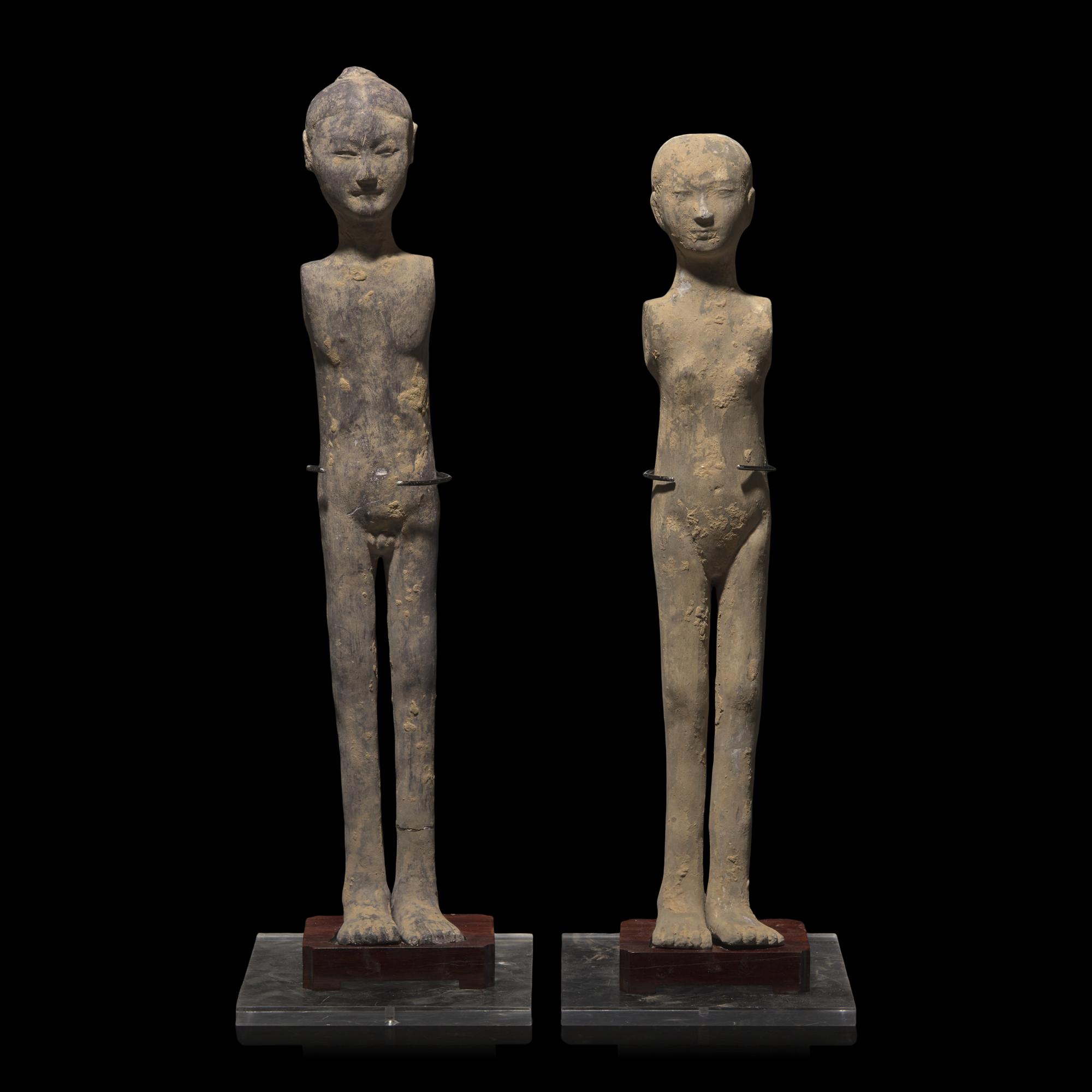 Two Chinese Pottery Tomb Figures, Han Dynasty 漢 灰陶俑兩件