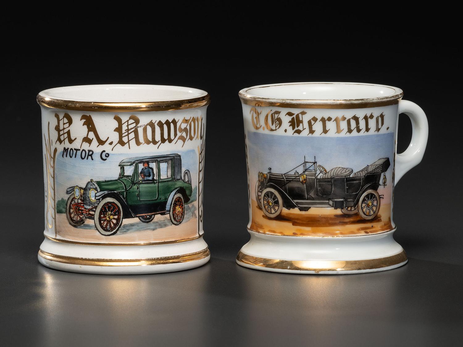 Two Shaving Mugs Depicting an Open Touring Automobile and a Coupe