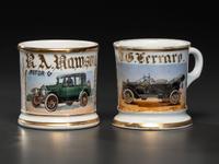 Two Shaving Mugs Depicting an Open Touring Automobile and a Coupe