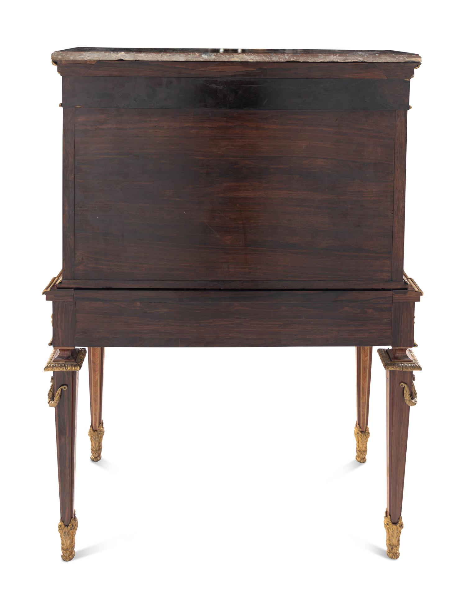 A Louis XVI Style Gilt Bronze Mounted Amaranth, Burr Maple and Kingwood Parquetry Marble-Top Bonheur du Jour