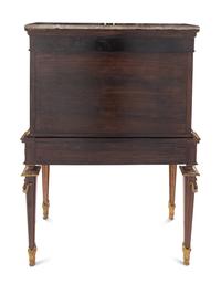A Louis XVI Style Gilt Bronze Mounted Amaranth, Burr Maple and Kingwood Parquetry Marble-Top Bonheur du Jour