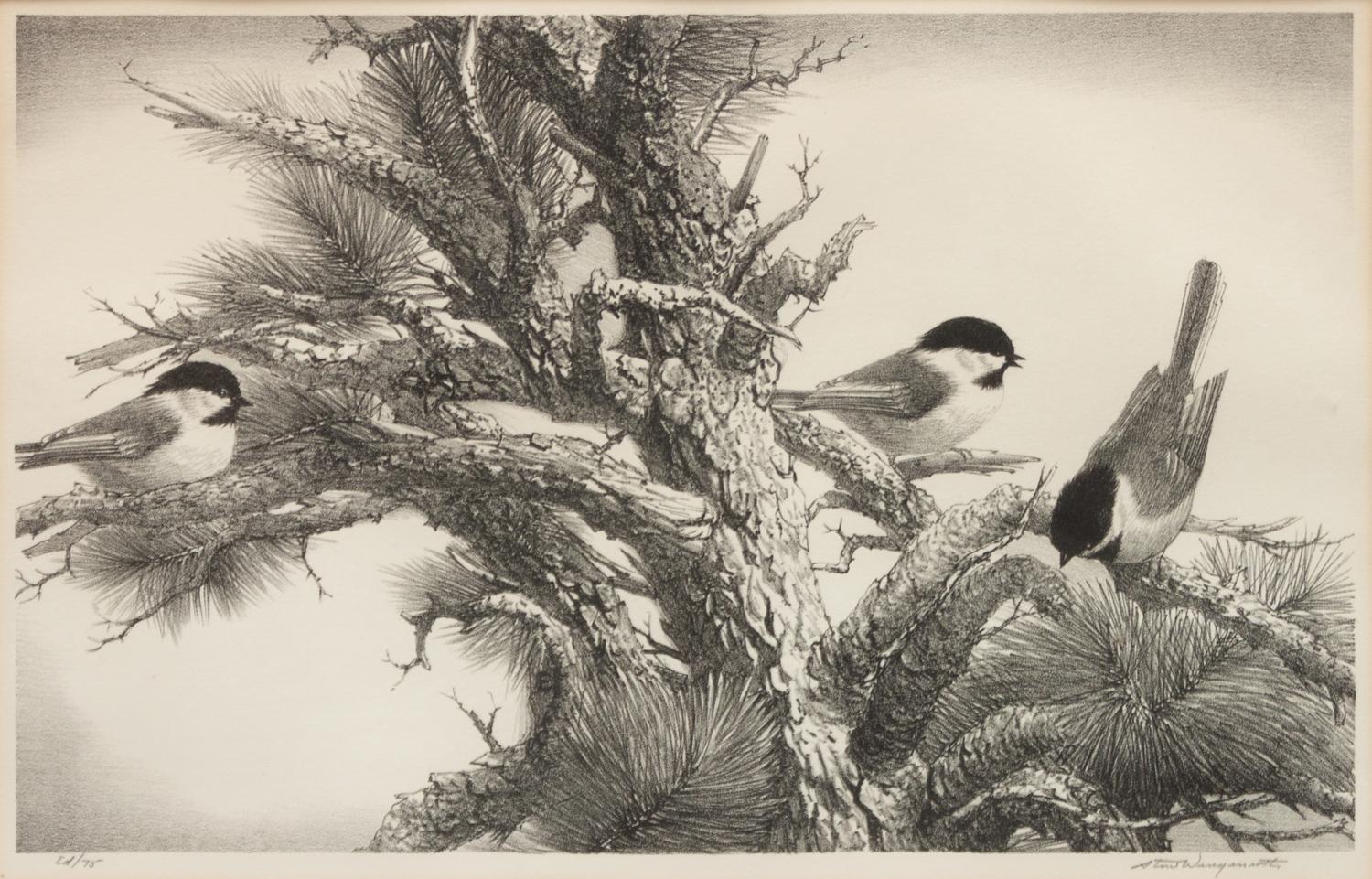 A group of five prints ( Memory , 1971; Four Chickadees , 1956; Little Friends , 1972; Red-Winged Black Birds , 1946; The Matriarch, Owl )