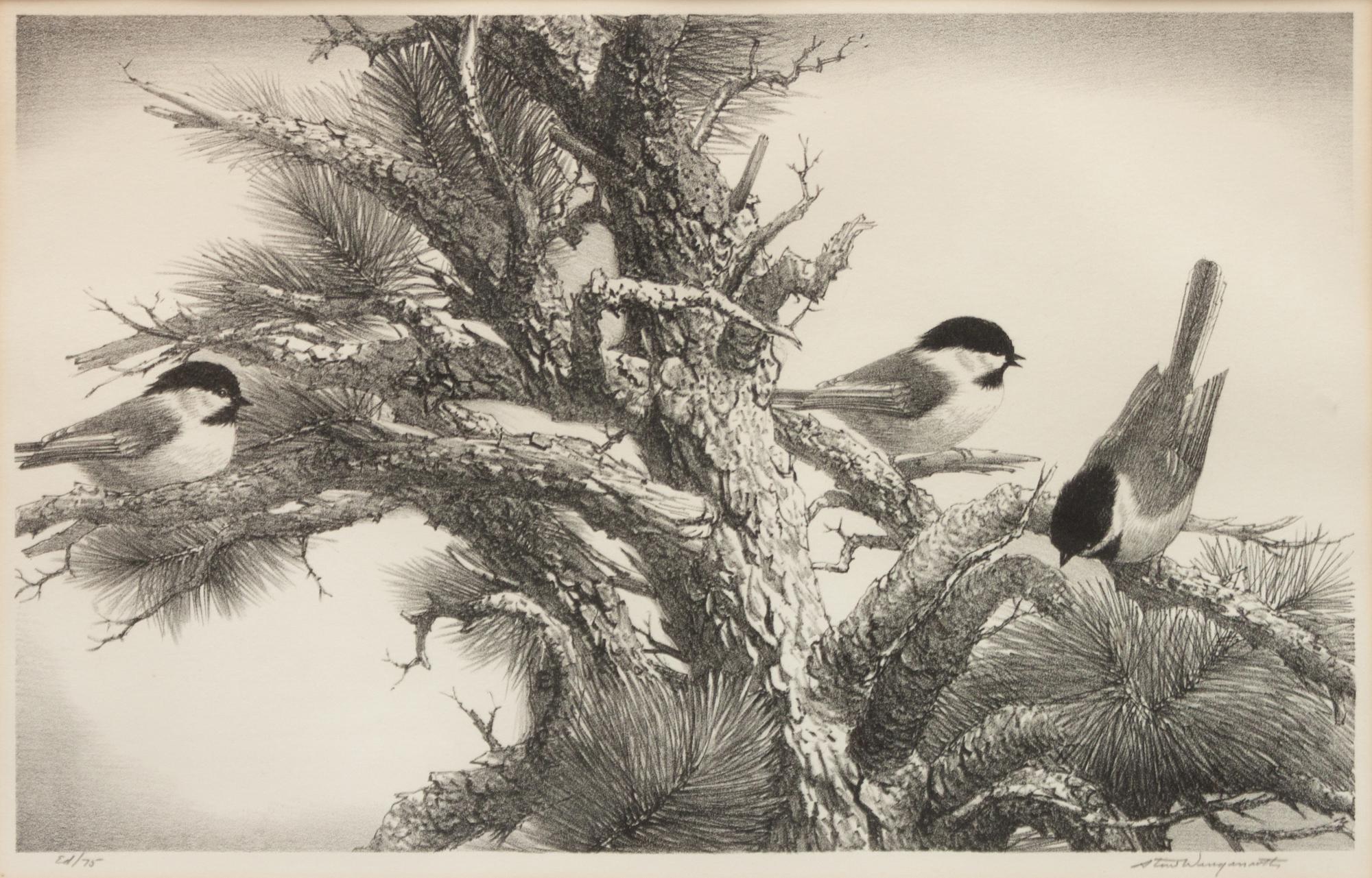 A group of five prints ( Memory , 1971; Four Chickadees , 1956; Little Friends , 1972; Red-Winged Black Birds , 1946; The Matriarch, Owl )