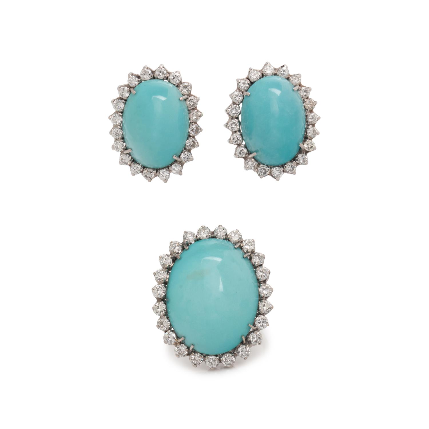 TURQUOISE AND DIAMOND RING AND EARRINGS