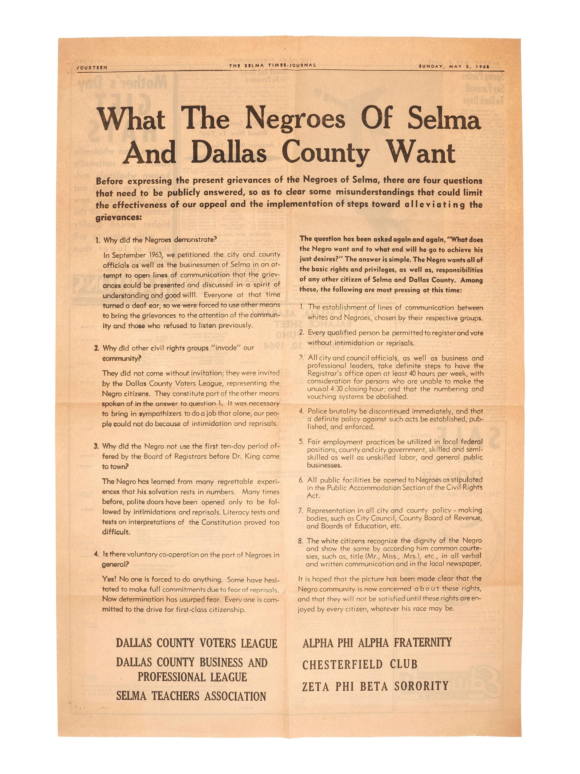 [AFRICAN AMERICANA]. "What the Negroes of Selma and Dallas County Want." The Selma Times-Journal. Selma, Alabama, 2 May 1965.