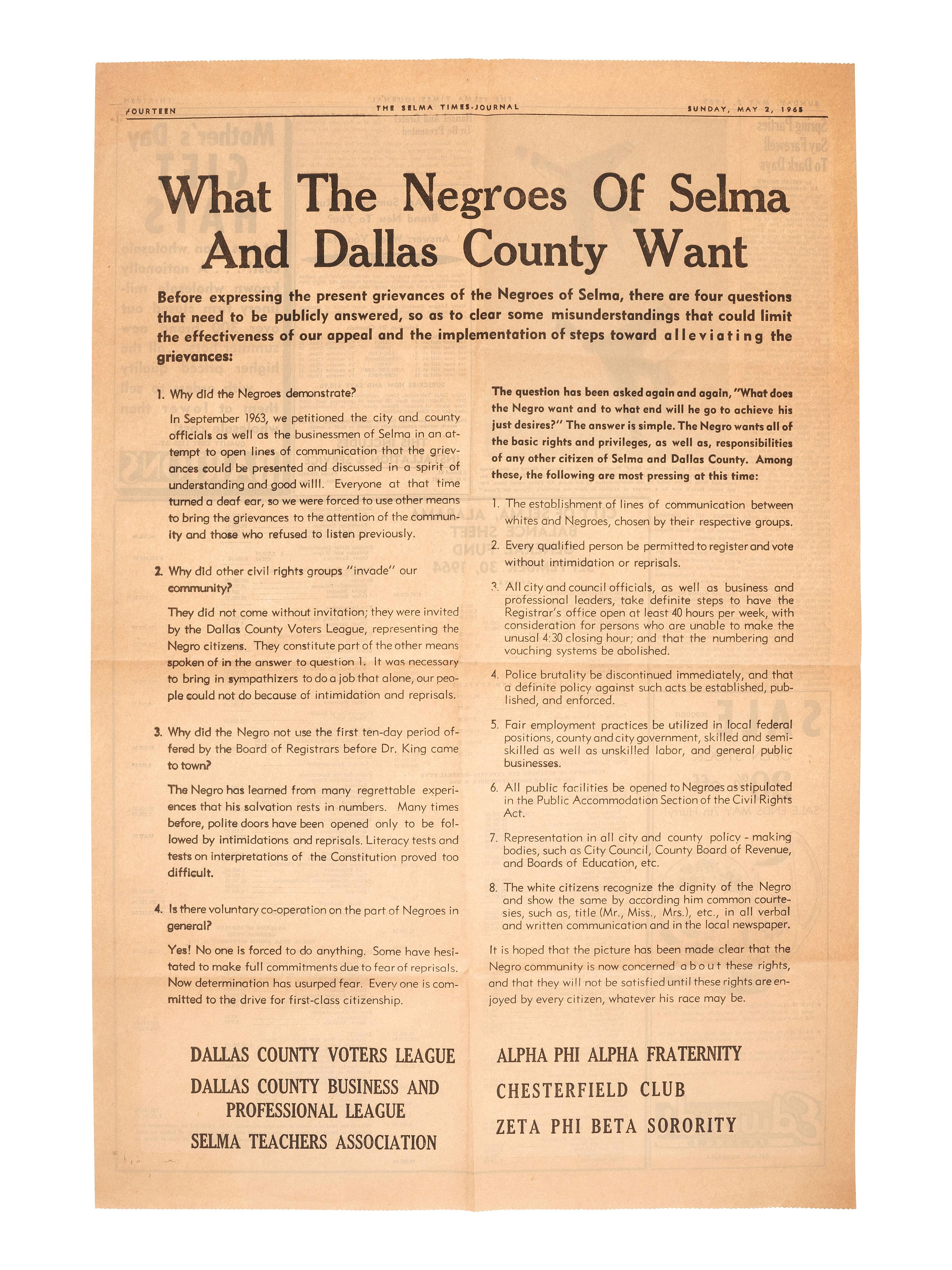 [AFRICAN AMERICANA]. "What the Negroes of Selma and Dallas County Want." The Selma Times-Journal. Selma, Alabama, 2 May 1965.