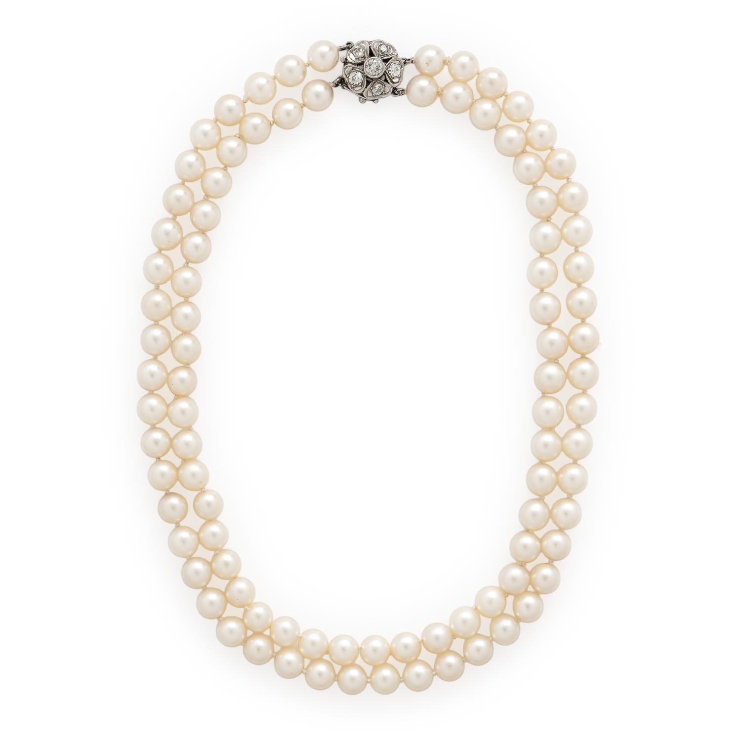 Cultured Pearl, Diamond, and White Gold Necklace