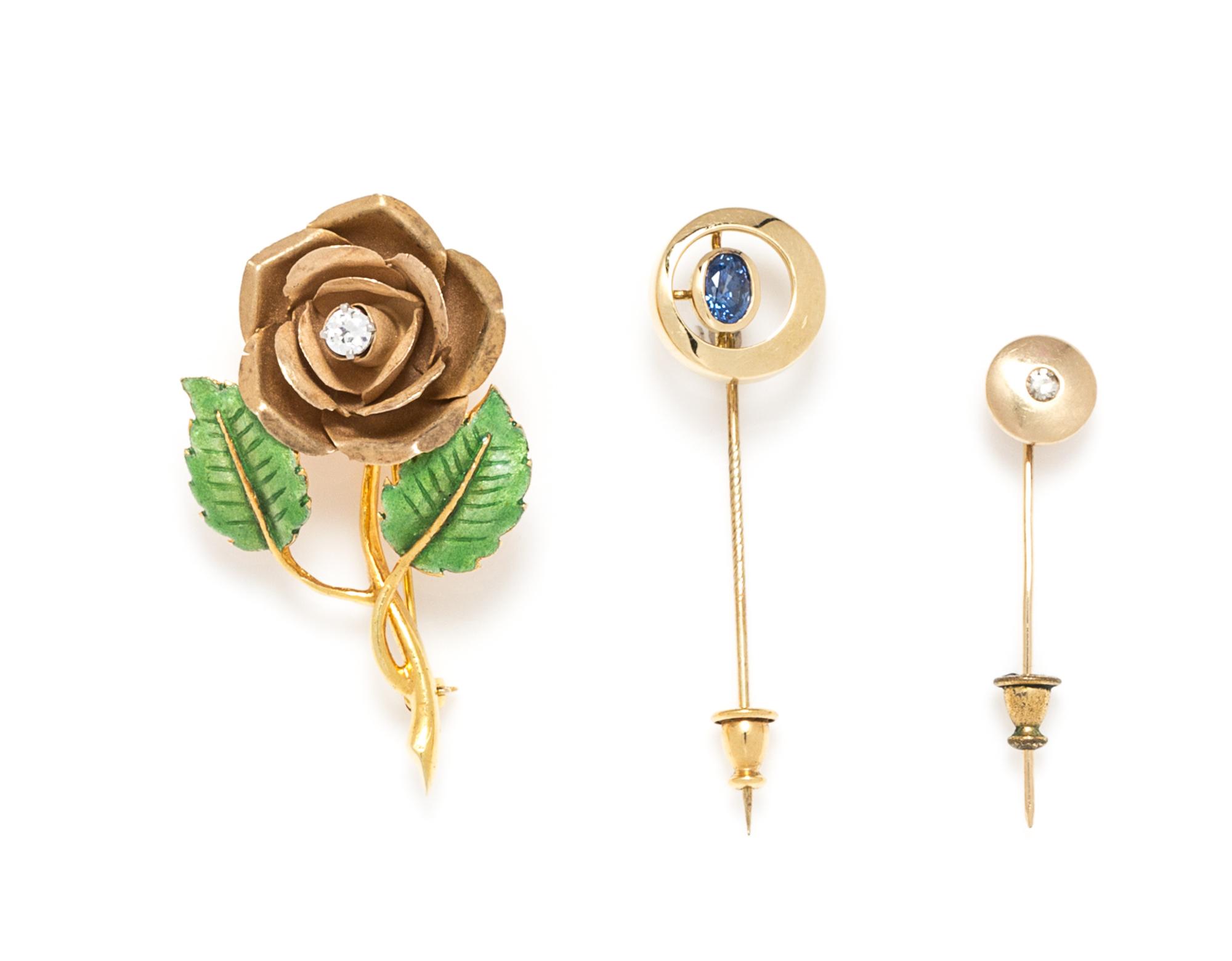 A Collection of Yellow Gold Stickpins and a Brooch, 9.60 dwts.