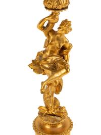A Pair of Continental Gilt Bronze Figural Five-Light Candelabra with Malachite Veneered Bases