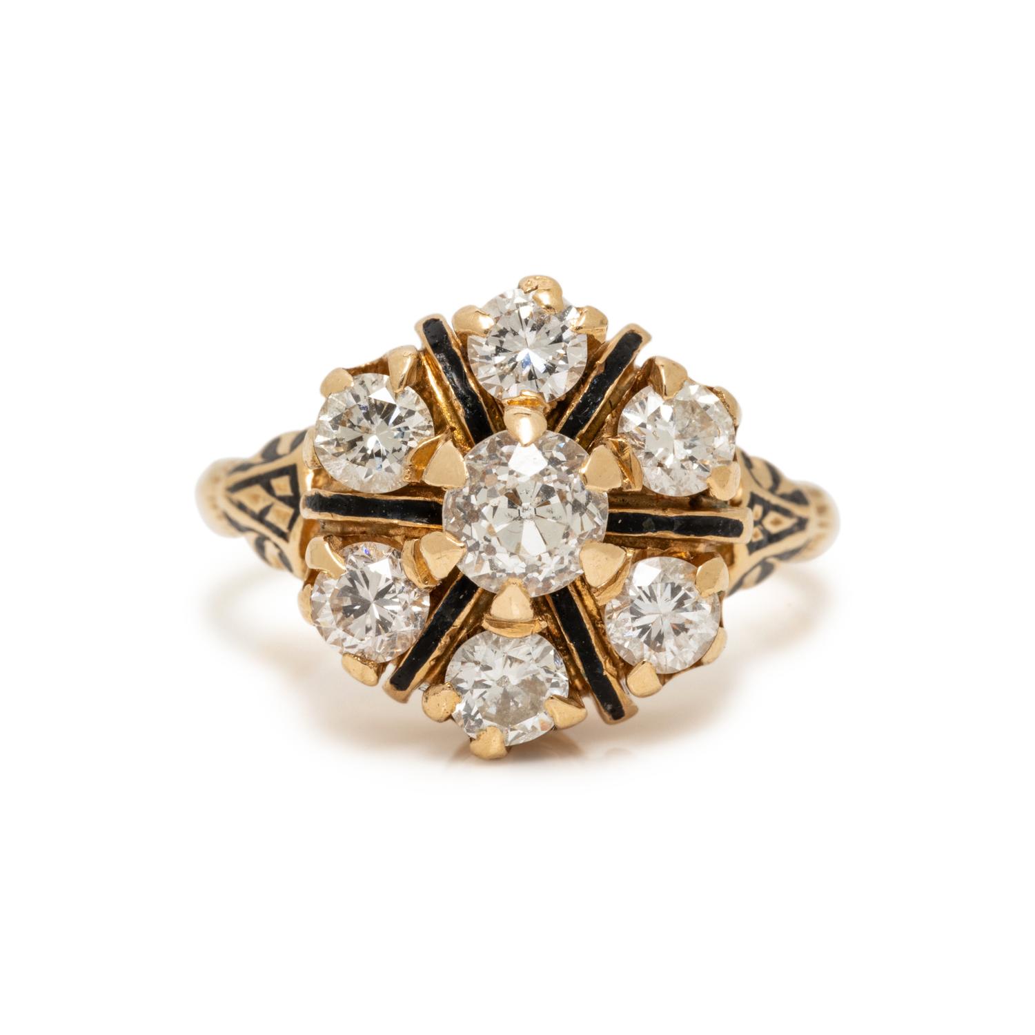 YELLOW GOLD, DIAMOND, AND ENAMEL RING
