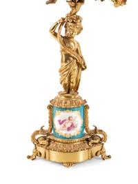 A Pair of Sèvres Style Porcelain Mounted Gilt Bronze Six-Light Candelabra