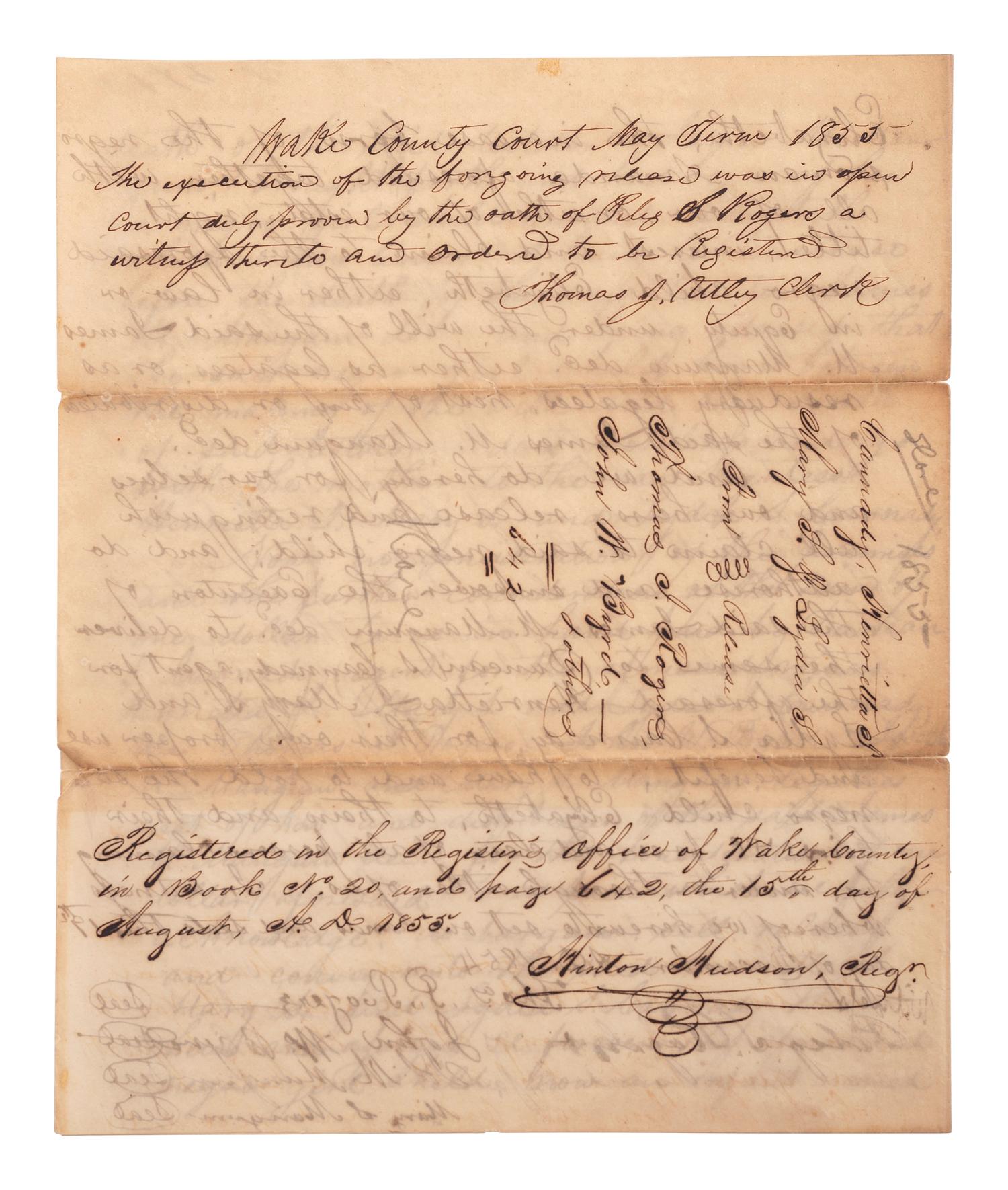 [SLAVERY & ABOLITION]. Manuscript legal document related to claims on the enslaved infant "Elizabeth," child of the enslaved woman "Amanda." Wake County, NC, 1854.