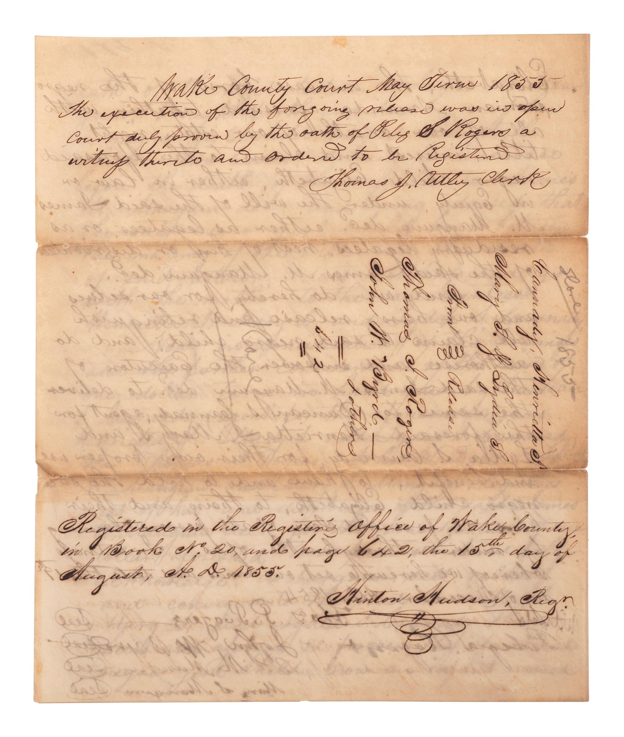 [SLAVERY & ABOLITION]. Manuscript legal document related to claims on the enslaved infant "Elizabeth," child of the enslaved woman "Amanda." Wake County, NC, 1854.