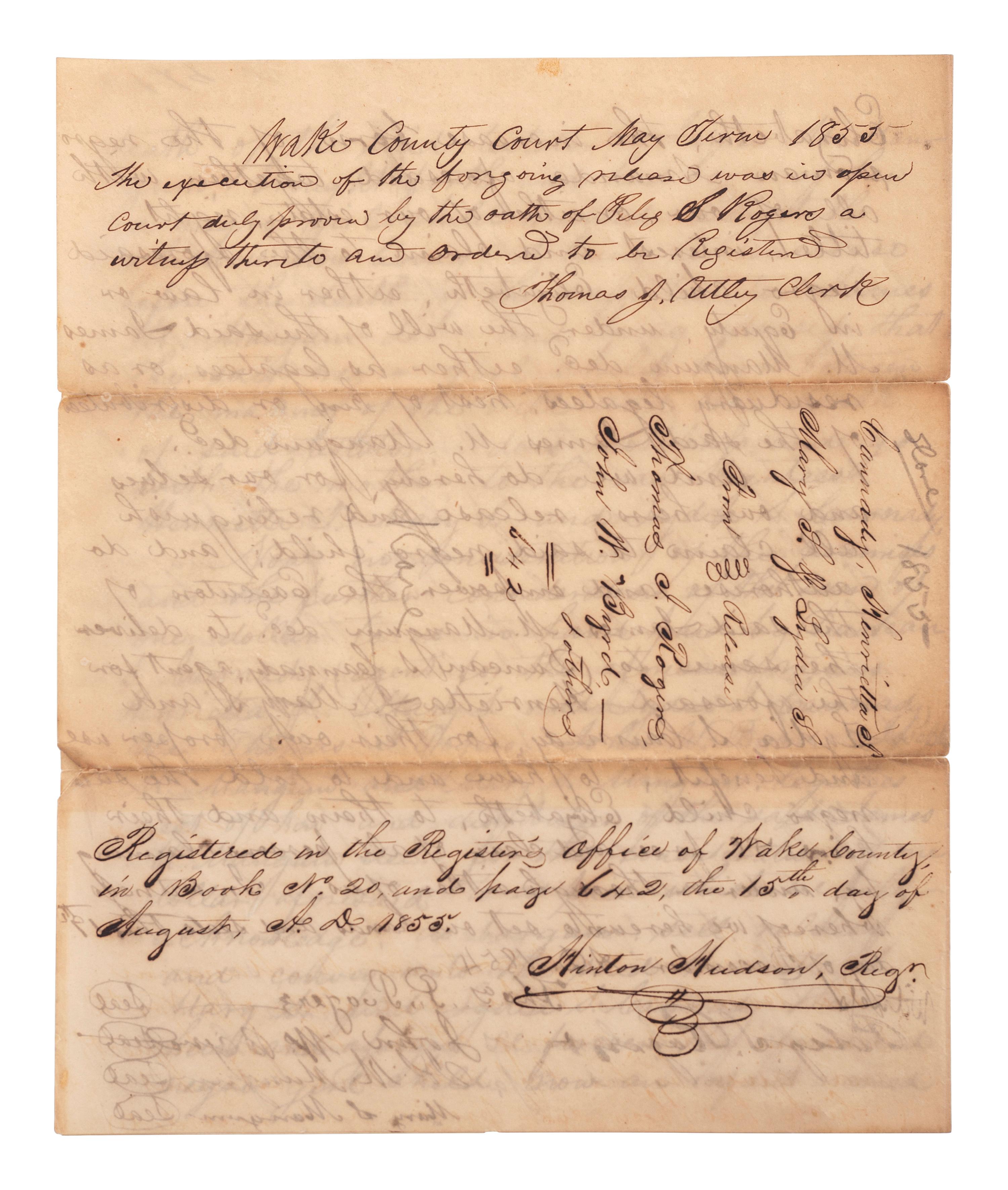 [SLAVERY & ABOLITION]. Manuscript legal document related to claims on the enslaved infant "Elizabeth," child of the enslaved woman "Amanda." Wake County, NC, 1854.
