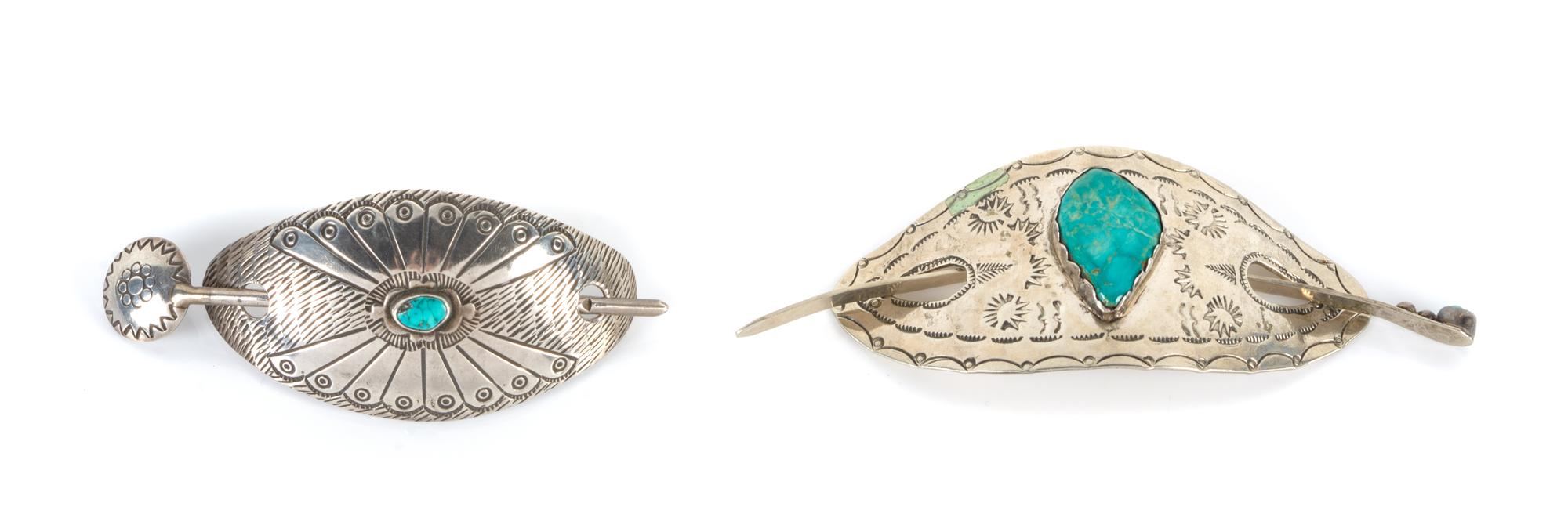 Two Southwestern Silver and Turquoise Hair Pieces Length of larger 4 x width 2 inches