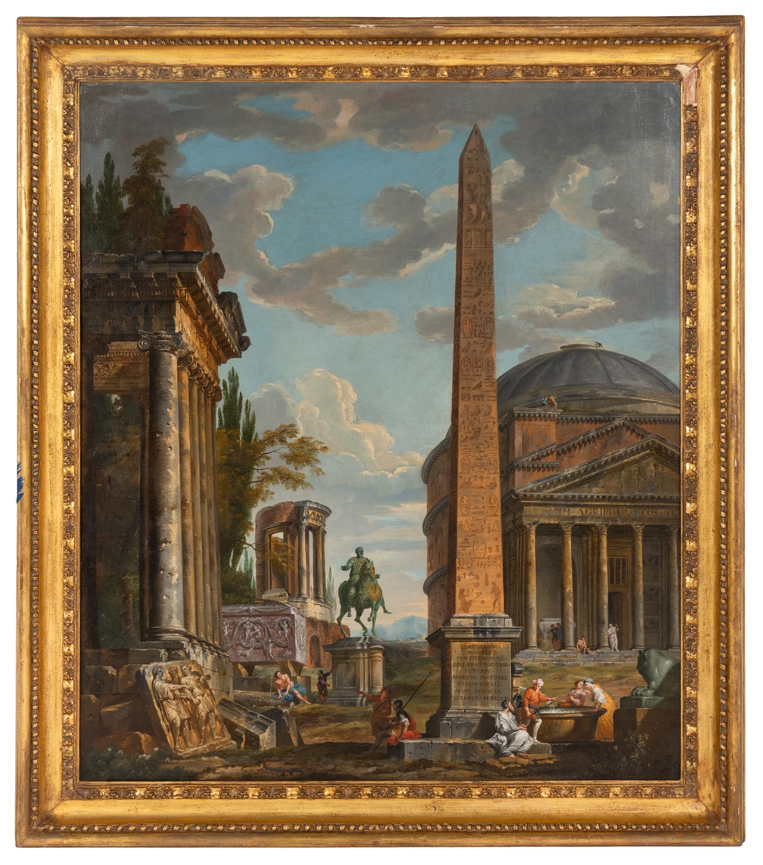 A Capriccio With Figures Gathered Around the Obelisk of Augustus, a View of the Pantheon, the Statue of Marcus Aurelius and the Temple of Sybil, Tivoli