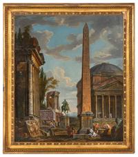 A Capriccio With Figures Gathered Around the Obelisk of Augustus, a View of the Pantheon, the Statue of Marcus Aurelius and the Temple of Sybil, Tivoli