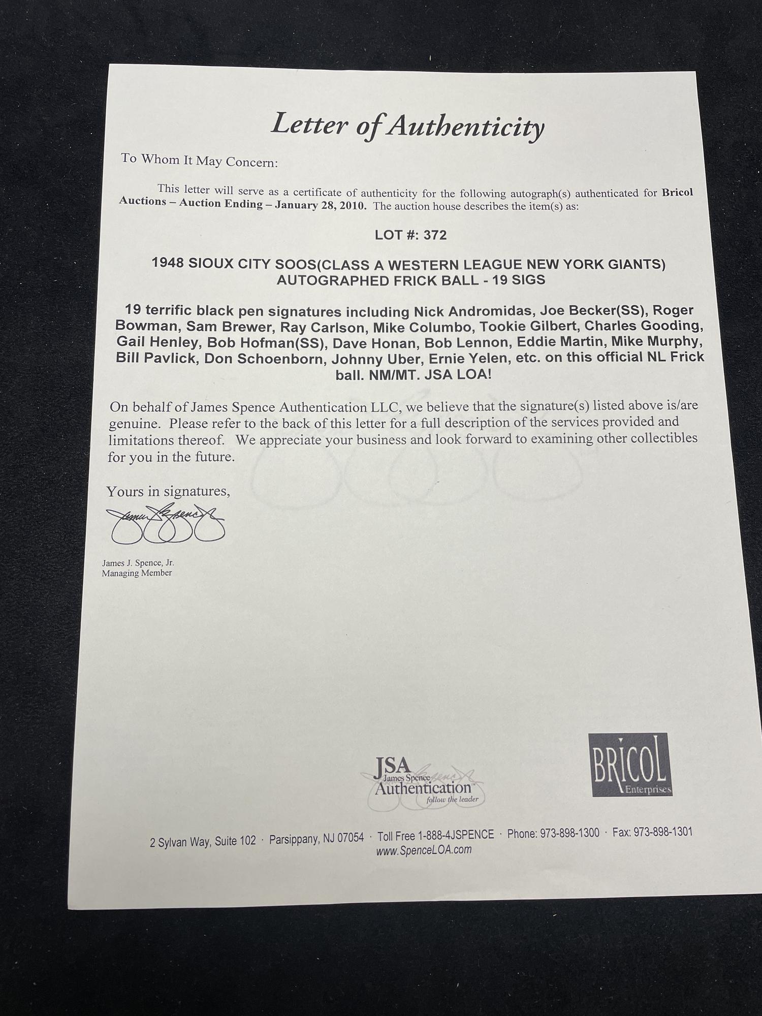 A 1948 Sioux City Soos Team Signed Autograph Baseball (JSA Auction Letter)