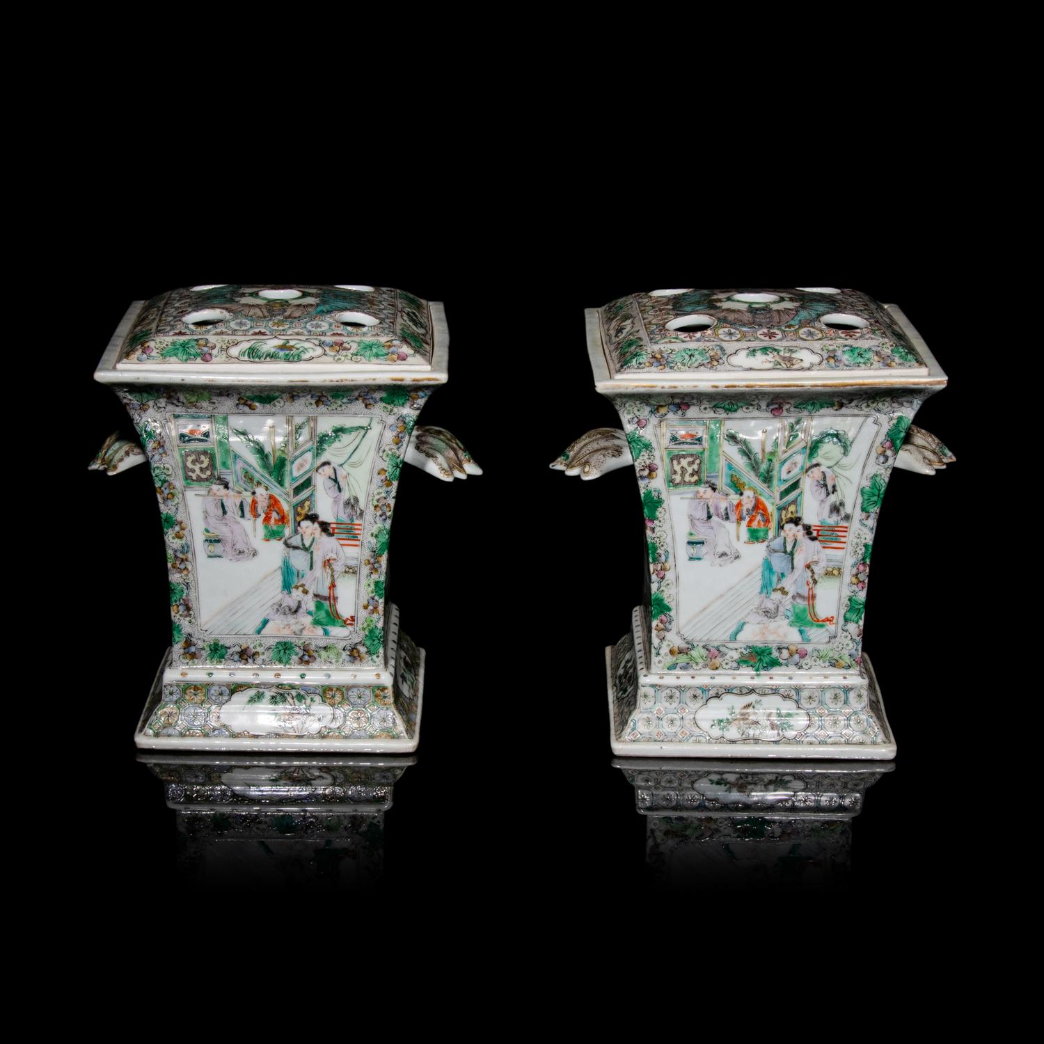 A Pair of Chinese Enameled Porcelain Bough Pots, Second Half 19th Century 清晚期 粉彩開光人物圖花插一對